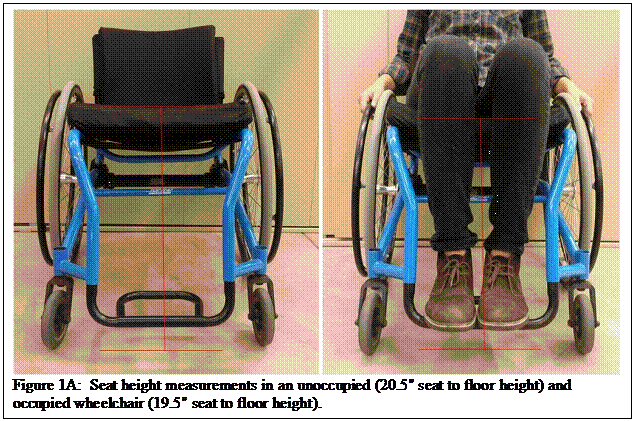 Text Box:    Figure 1A:  Seat height measurements in an unoccupied (20.5' seat to floor height) and occupied wheelchair (19.5' seat to floor height).  