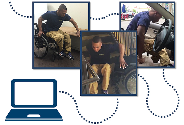 Wheelchair user demonstrating transfers from his wheelchair to a mat table, the ground to his wheelchair and his wheelchair to a car